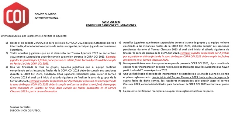 COPA COI 2023 REGIMEN DE SANCIONES Y LIMITACIONES.